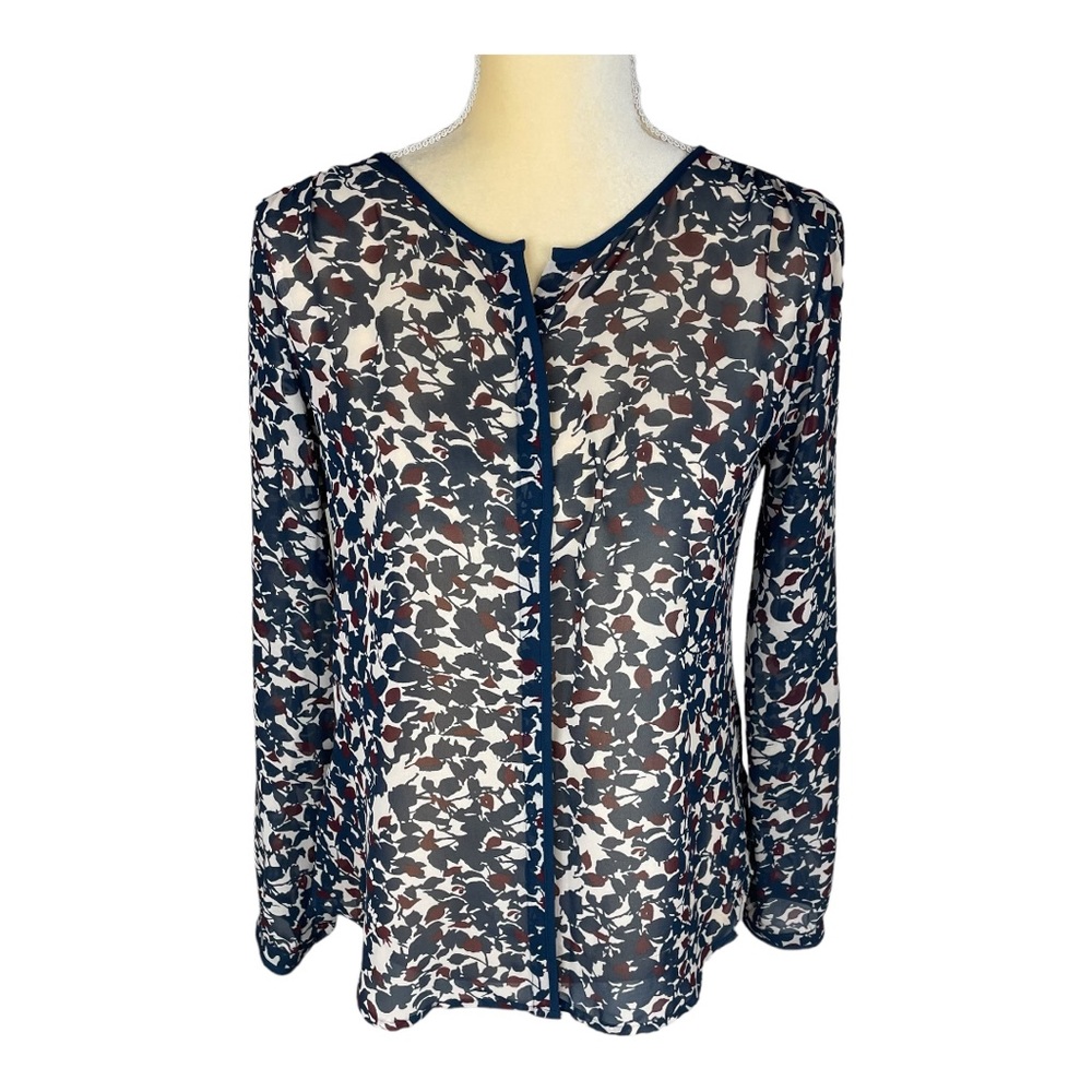 Loft Sheer Floral‎ Button Front Blouse Top Navy Burgundy Size Small petite
